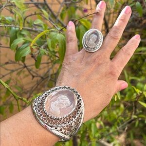 Whiting & Davis Carved Intaglio Glass Cameo Bangle Ring Set